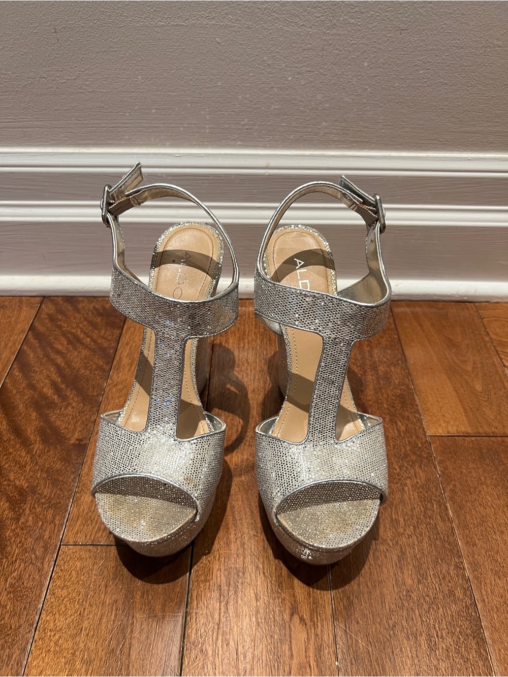 ALDO Silver Glitter T-Strap Platform Heels